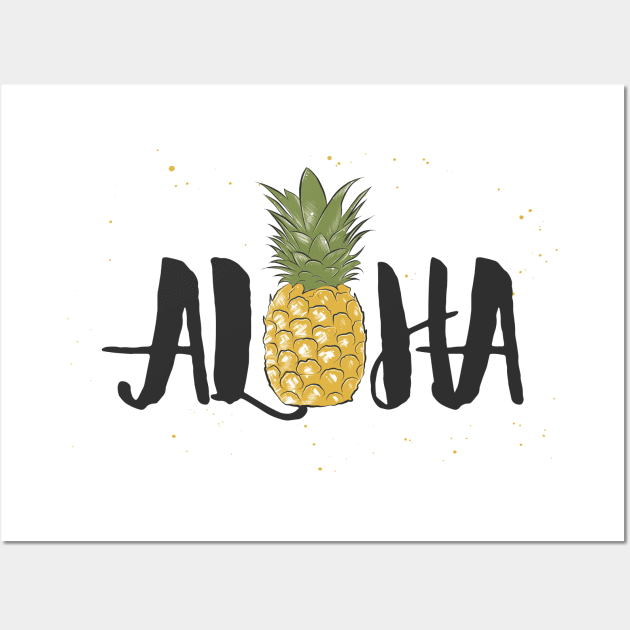 Aloha Typography Hawaiian Summer Pineapple Design Wall Art by Mia_Akimo